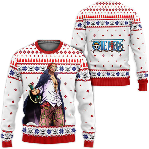 Divesart - Shanks Anime White Anime Ugly Christmas Sweater and Hoodie Custom One Piece Anime Xmas Gifts
